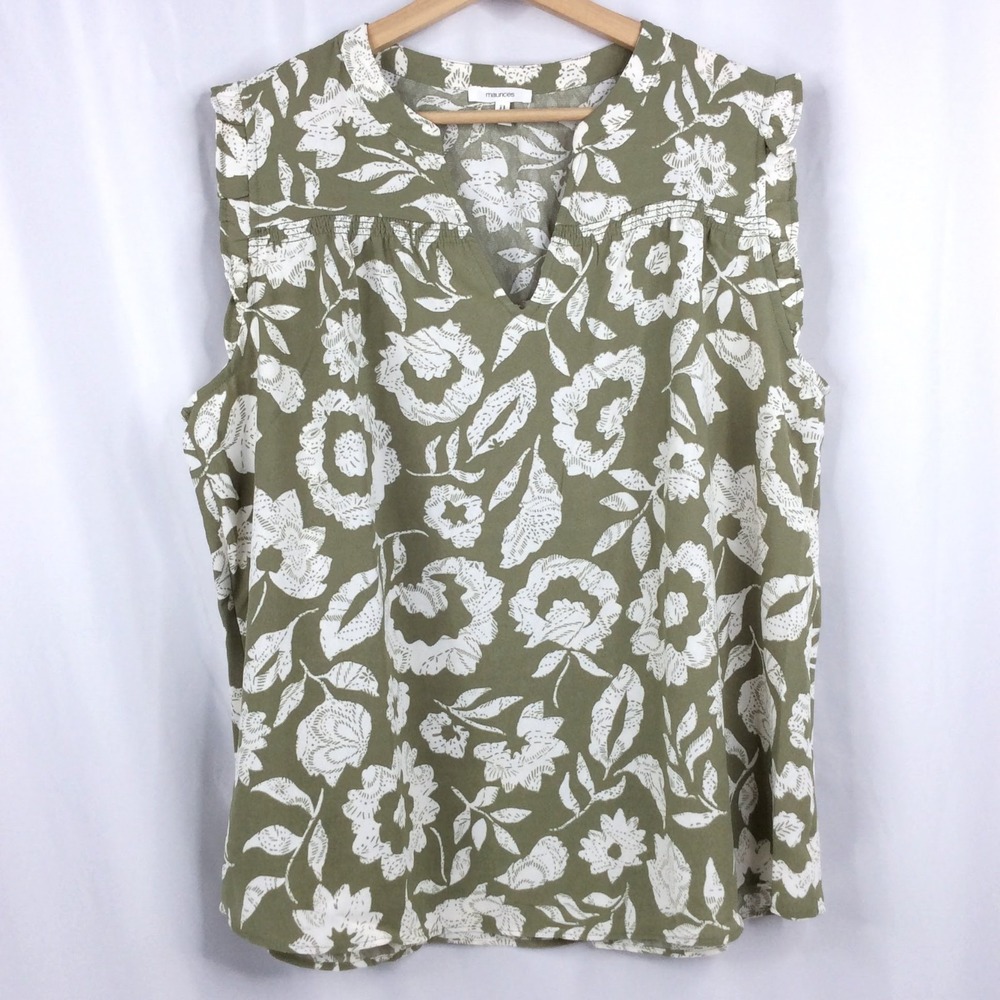 Maurices Floral Tank Top Women's Size XXL Green White Ruffle V-Neck